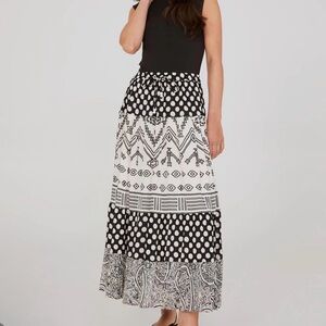 Suzy Shier Black and White Mixed-Print Tiered Maxi Skirt